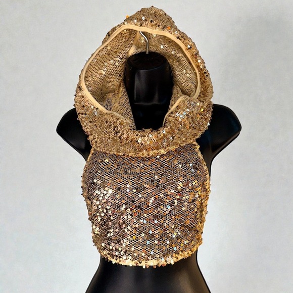 New Small Gold Sequin Cowl Neck Crop Top Festival Rave Glam Sheer Backless - Picture 3 of 7